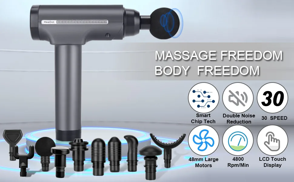 Muscle Massage Gun, Silent Deep Tissue Percussion Back Neck Hammer Massager, for Athletes, 30 Speeds, LCD Touch Screen, with 10 Heads, Handheld Massager (Gray) - massager gun