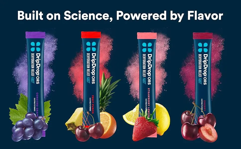 DripDrop ORS Hydration - Electrolyte Powder Packets - Grape, Fruit Punch, Strawberry Lemonade, Cherry - 16 Count Juicy Classics Variety Pack 16 Count (Pack of 1) - Built on Science, Powered by Flavor. Image of the 4 flavor varieties