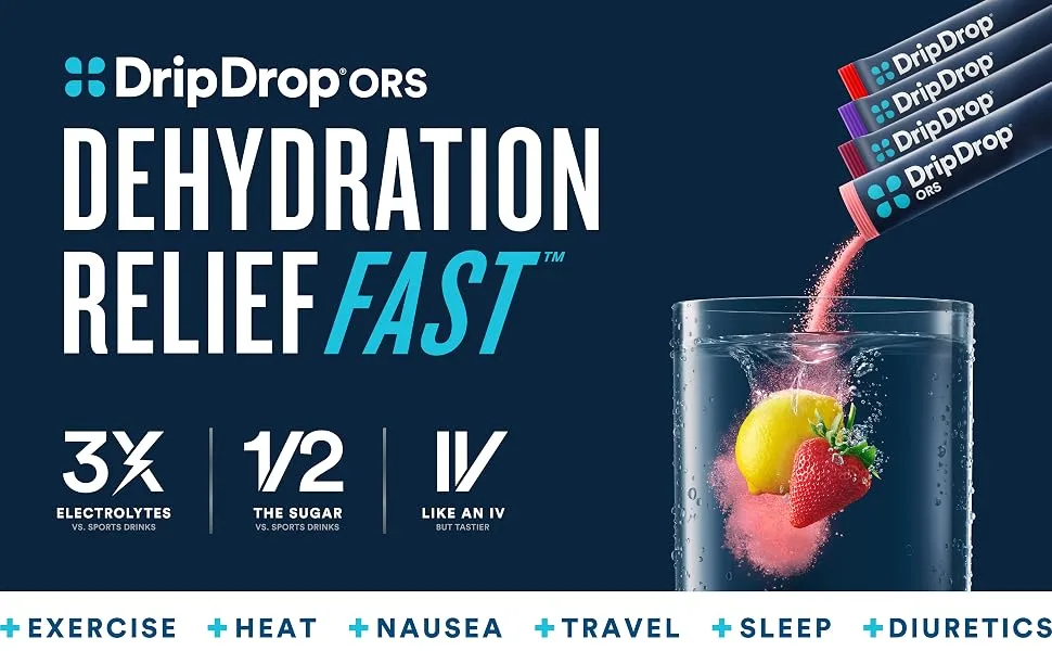DripDrop ORS Hydration - Electrolyte Powder Packets - Grape, Fruit Punch, Strawberry Lemonade, Cherry - 16 Count Juicy Classics Variety Pack 16 Count (Pack of 1) - DripDrop offers Dehydration Relief Fast, with ½ the sugar and 3x the electrolytes of sports drinks