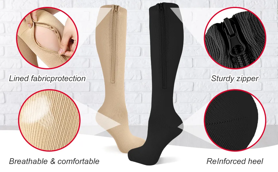 Zipper Compression Socks - 2Pairs Calf Knee High Closed Toe Compression Stocking (CLOSE TOE - BLACK, Large-X-Large) Close Toe - Black Large-X-Large - zipper compression socks