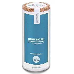 Bacillus subtilis HD (high dose) 290 capsules with 1 000% more content than standard products. 80 billion CFU per day - HD-Dose subtilis