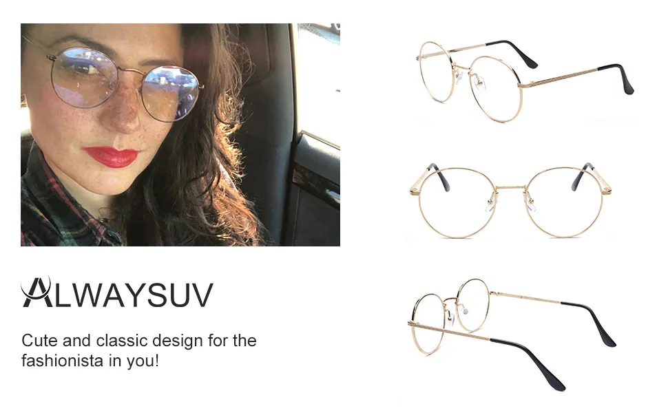 ALWAYSUV Metal Frame Retro Glass Frame Flat Mirror Decorative Glasses Classic Round Frame Glasses Clear Lens Glasses Gold - product information 4