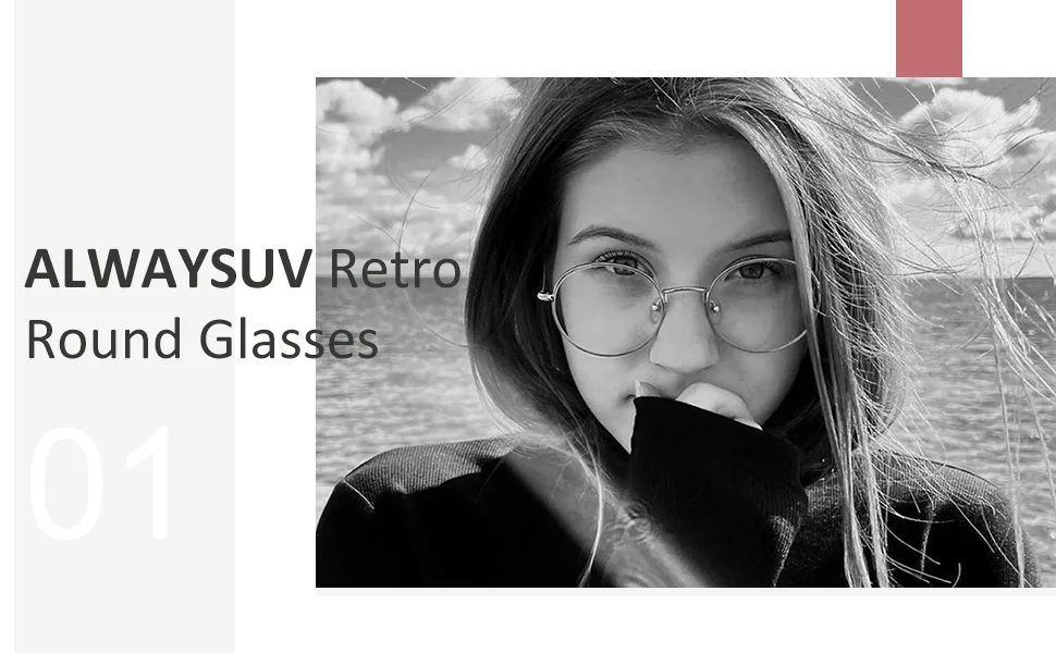 ALWAYSUV Metal Frame Retro Glass Frame Flat Mirror Decorative Glasses Classic Round Frame Glasses Clear Lens Glasses Black - product information 1
