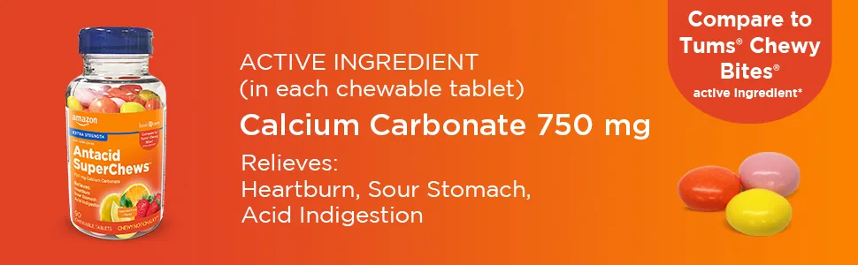Amazon Basic Care Extra Strength Antacid SuperChews Assorted Fruit 90ct (Previously SoundHealth) - Amazon Basic Care Antacid SuperChews; Compare to Tums Chewy Bites active ingredient