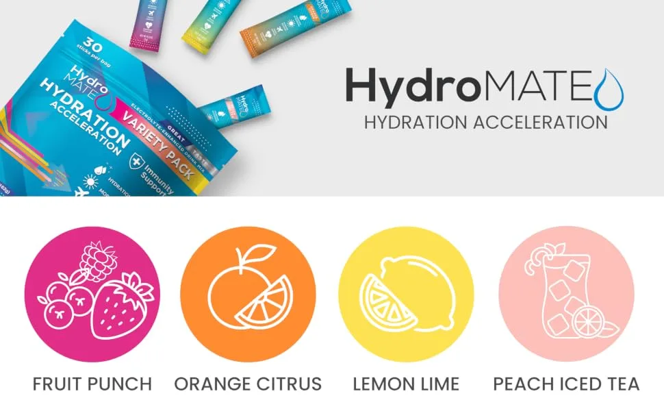 HydroMATE Electrolytes Powder Drink Mix Packets Hydration Accelerator Low Sugar Rapid Hangover Party Recovery Plus Vitamin C Variety Pack 30 Sticks 30 Count (Pack of 1) - product information 1