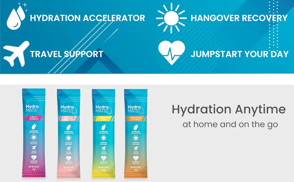 HydroMATE Electrolytes Powder Drink Mix Packets Hydration Accelerator Low Sugar Rapid Hangover Party Recovery Plus Vitamin C Variety Pack 30 Sticks 30 Count (Pack of 1) - product information 2