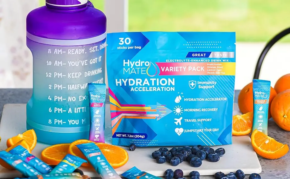 HydroMATE Electrolytes Powder Drink Mix Packets Hydration Accelerator Low Sugar Rapid Hangover Party Recovery Plus Vitamin C Variety Pack 30 Sticks 30 Count (Pack of 1) - powder etc