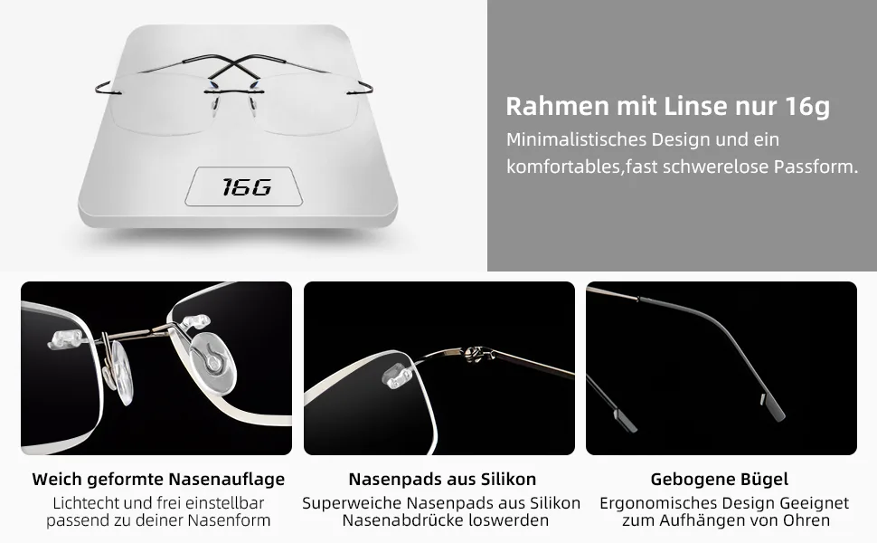Rimless reading glasses super light titanium reading aid for women and men red +3.50 - Ultraleichte Lesebrille Rahmenlose Lesebrille
