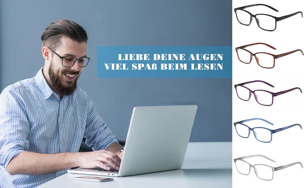 Skyway 5 Pack Reading glasses for men women blue light blocking glasses light glare protection computer-speeder 5 color 2.0 Dioptria - LIEBE DEINE AUGEN