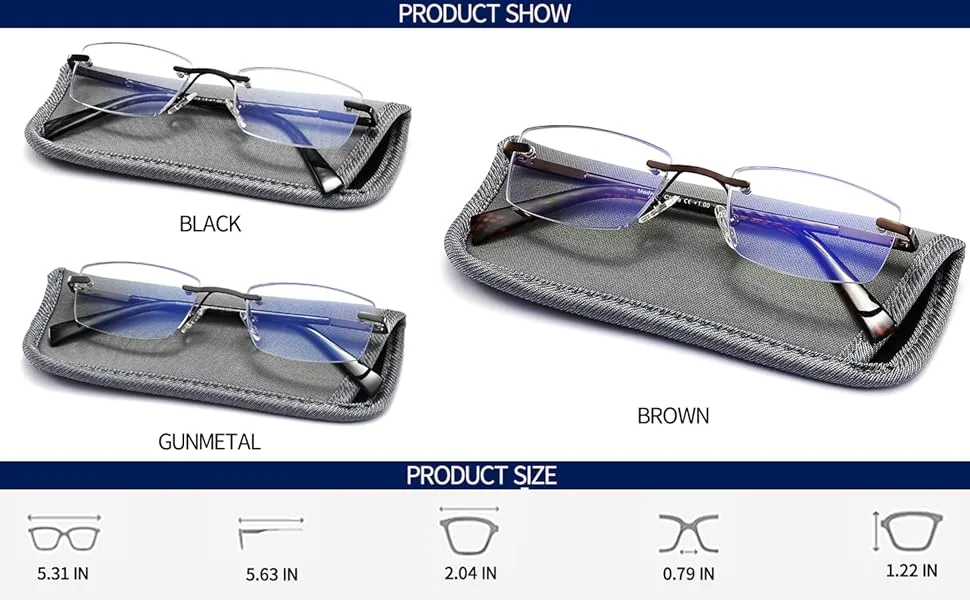 JJWELL 3 PIECE Reading Glasses Men Blue Light Filter Rimless Frame Blue Light Reading Glasses Black Gunmetal Brown 1.25 x - product information 3