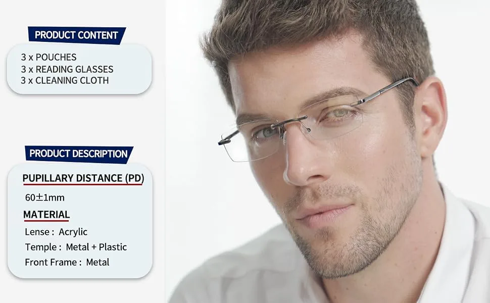 JJWELL 3 PIECE Reading Glasses Men Blue Light Filter Rimless Frame Blue Light Reading Glasses Black Gunmetal Brown 1.25 x - product information 4