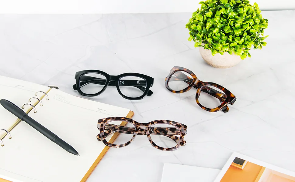 MMOWW oversized reading glasses 3-pack for women blue light blocked with spring hinge computer reader women black + blue + brown tortoise 1.5 x - Übergroße Lesebrille 3er Pack für Damen