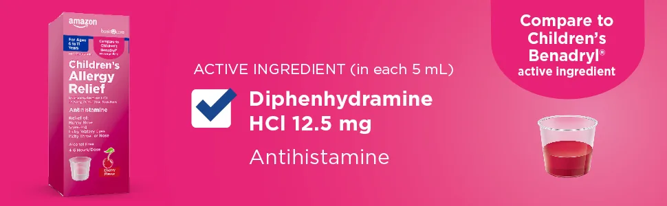 Amazon Basic Care Children's Allergy Relief Liquid Medicine with Diphenhydramine HCl, Cherry Flavor, 4 Fl Oz 4 Fl Oz (Pack of 1) - Amazon Basic Care Children