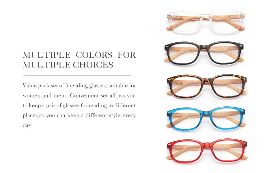 EFE reading glasses 5-pack for men and women Rectangular design with wood grain quality spring hinge readers glasses glasses anti-fatigue for reading PC smartphone TV multicolored 2.0 x - Lesebrille