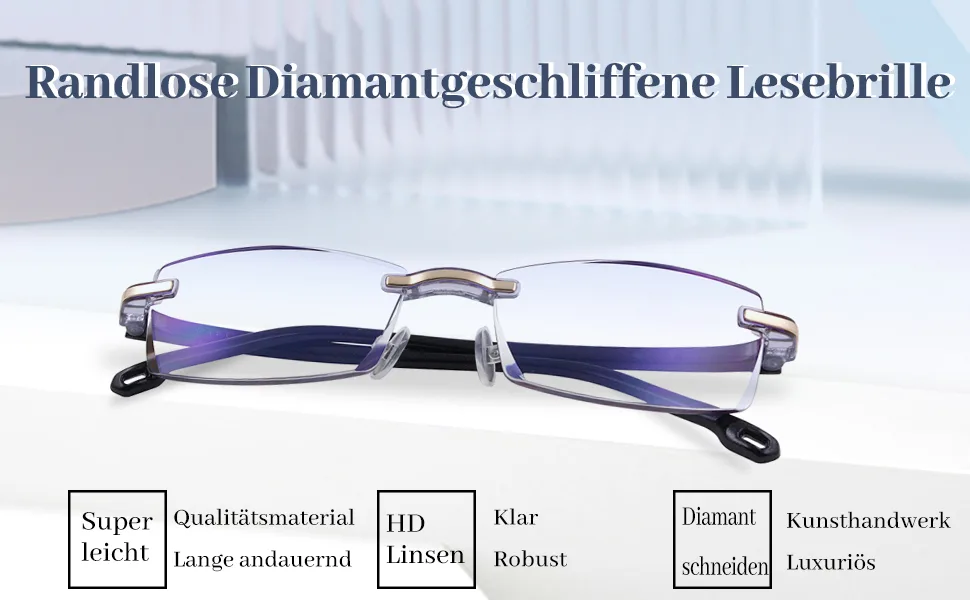 LUFF Reading Glasses HD Anti-Blue Diamond Cut Edge Frameless Reading Glasses Blue 1.5x - lesebrille herren