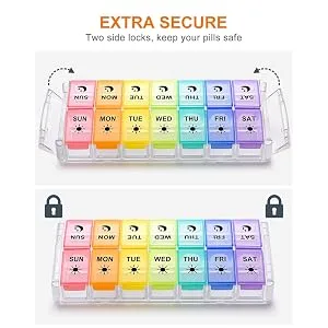 Pill Organizer 2 Times a Day, Fullicon Quick Fill Large Weekly AM PM Pill Box, Medicine Organizer 7 Day, Daily Pill Cases - Rainbow (Patent Registered) Multi-colored Medium - extra secure