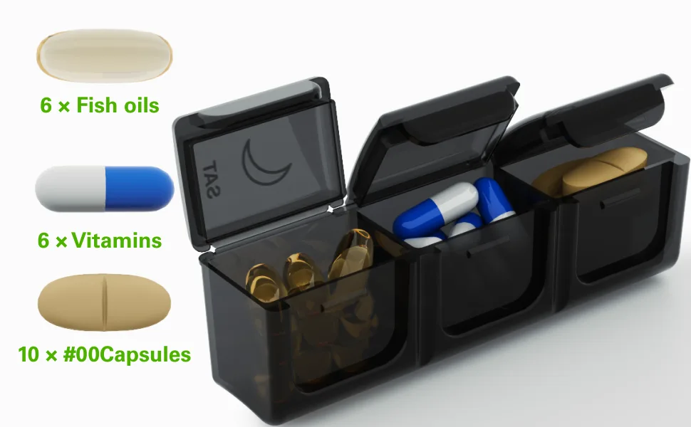 Weekly Pill Organizer 3 Times a Day, BUG HULL Daily Medicine Organizer Portable 7 Day Pill Box with Large Compartments Moisture-Proof Pill Case Travel Pill Container for Vitamins,Supplements Black - capacity display