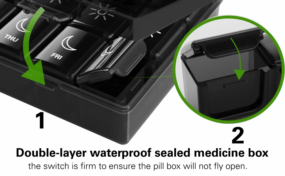 Weekly Pill Organizer 3 Times a Day, BUG HULL Daily Medicine Organizer Portable 7 Day Pill Box with Large Compartments Moisture-Proof Pill Case Travel Pill Container for Vitamins,Supplements Black - Sealed switch