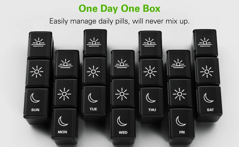 Weekly Pill Organizer 3 Times a Day, BUG HULL Daily Medicine Organizer Portable 7 Day Pill Box with Large Compartments Moisture-Proof Pill Case Travel Pill Container for Vitamins,Supplements Black - Separable medicine box