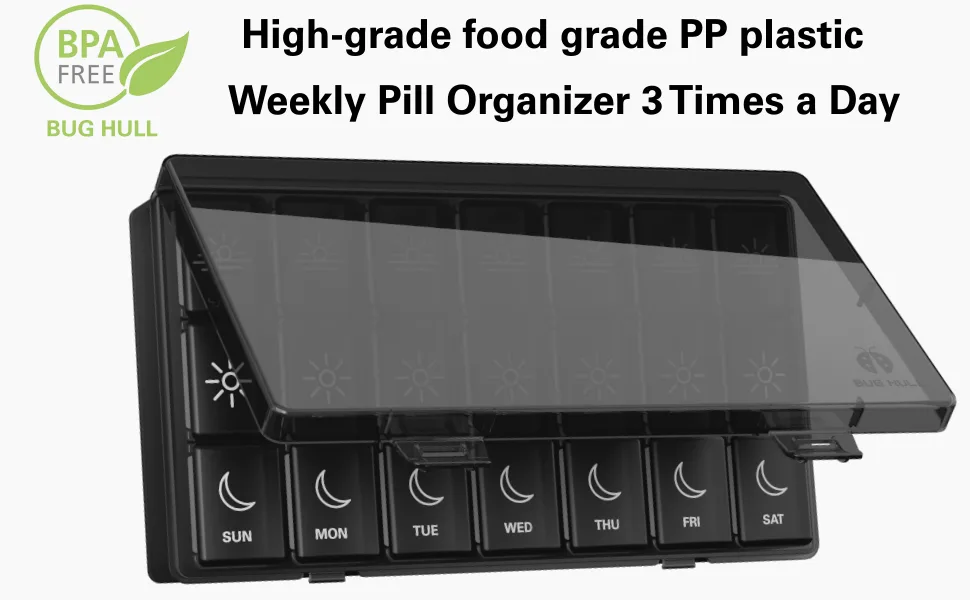 Weekly Pill Organizer 3 Times a Day, BUG HULL Daily Medicine Organizer Portable 7 Day Pill Box with Large Compartments Moisture-Proof Pill Case Travel Pill Container for Vitamins,Supplements Black - Transparent black pill box