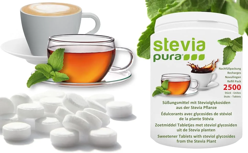 steviapura | Stevia Tabs Economy Pack - 2500 Stevia Tablets + FREE Dosing Dispenser - 150g - Stevia Tabs Stevia Tabletten Stevia Süßstofftabletten Kaffee und Teetasse