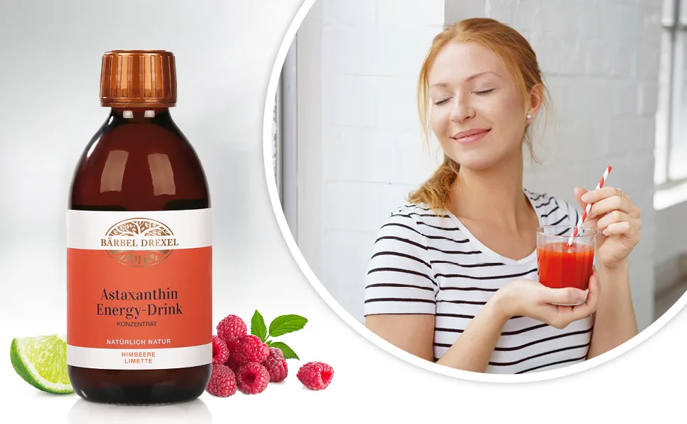 B rbel Drexel Astaxanthin Energy Drink raspberry/ lime 2mg + caffeine (250ml) 100% vegan production germany vitamin C magnesium haematococcus pluvialis - Bärbel Drexel Astaxanthin Energy Drink Himbeere/Limette