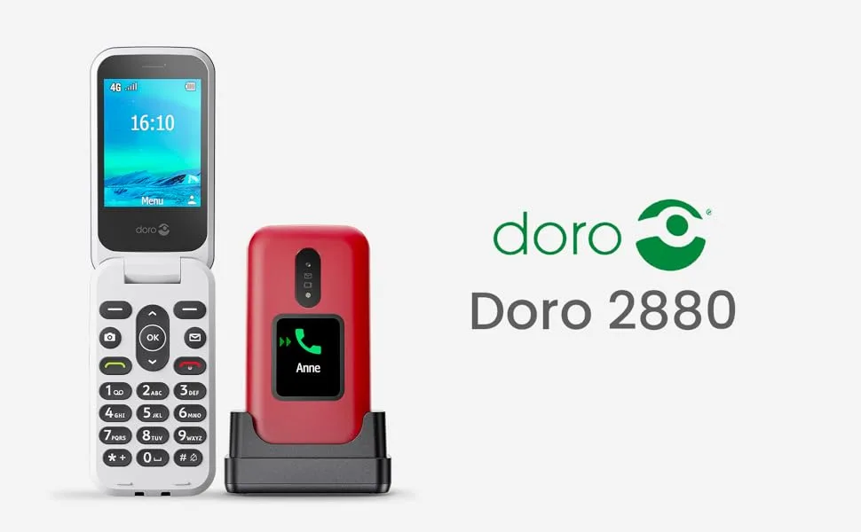 Doro 2880 4G flip phone for seniors - Emergency call button - Easy to use - Voice-controlled buttons - Bluetooth (Red) Doro 2880 - Red - DORO 2880
