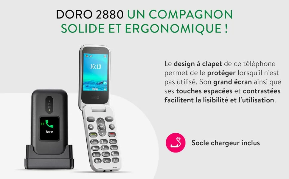 Doro 2880 4G flip phone for seniors - Emergency call button - Easy to use - Voice-controlled buttons - Bluetooth (Red) Doro 2880 - Red - DORO 2880