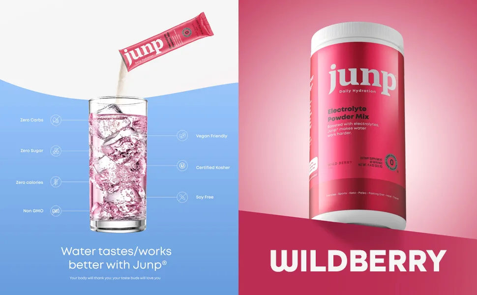 JUNP Hydration Electrolyte Powder, Electrolytes Drink Mix Supplement, Zero Calories Sugar and Carbs, Kosher, Wild Berry Flavor, 90 Servings - Main
