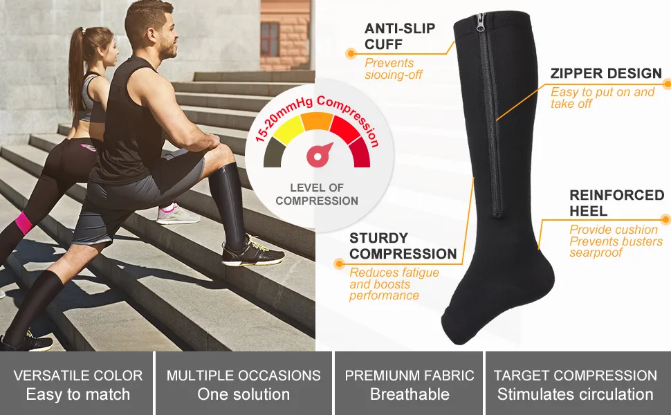 bropite compression socks with zipper 2 pairs calf height open toe compression socks XXL C- BLACK/NUDE - Kompressionsstrümpfe mit Reißverschluss