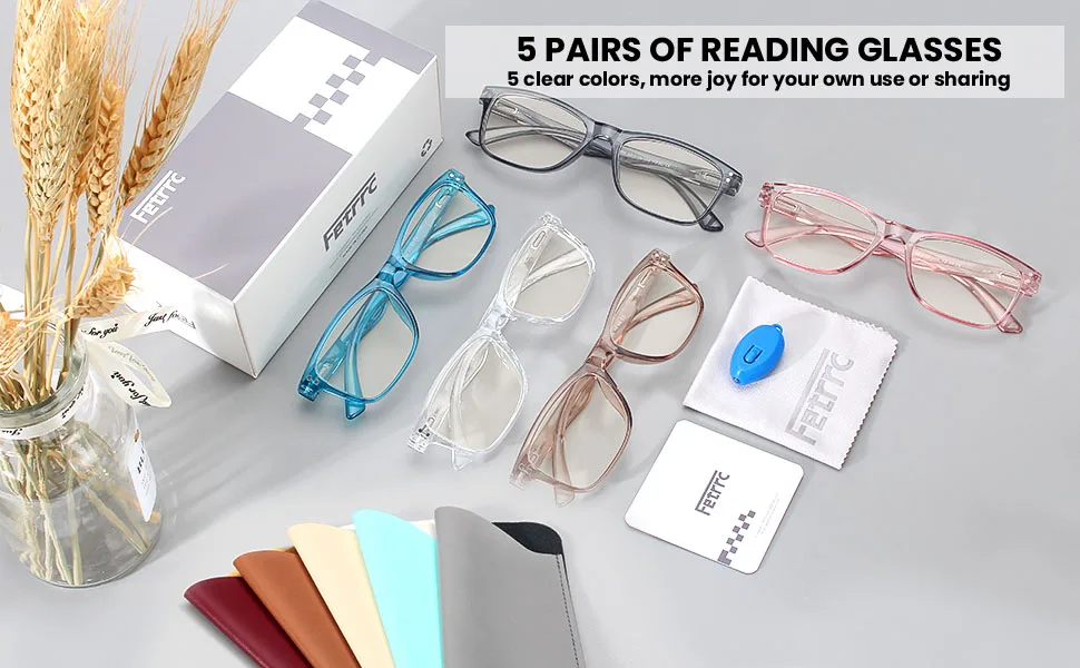 Fetrrc Reading Glasses Blue Light Blocking Computer Readers for Women/Men, Anti Glare/Fatigue Clear Square Eyeglasses 5 Pairs A-mix 1.75 x - eyewaer frame men/women