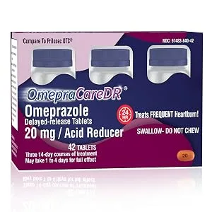 OmepraCareDR 84 Count Capsules Omeprazole 20mg Helps with Frequent Heartburn Relief, (14 Capsules/Bottle) Two 3-Pack Cartons for Six 14-Day Courses, Delayed-Release Mini Capsules - omepracaredr heartburn relief