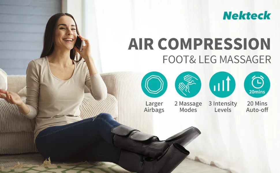 Nekteck Leg Massager with Air Compression for Circulation and Relaxation, Foot and Calf Massage Machine with Hand-held Controller 2 Modes 3 Intensities, Adjustable Leg Wraps for Home and Office Use - leg massager