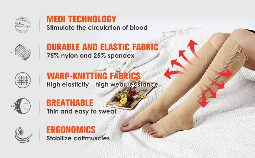 bropite Zippered Compression Socks 2 Pairs Calf High Open Toe Compression Socks SM C- BLACK/NUDE - Kompressionsstrümpfe mit Reißverschluss