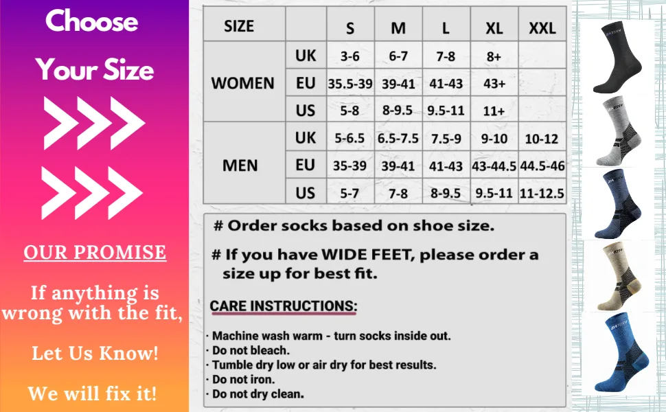 ZaTech Merino Plantar Fasciitis Socks Lightweight Micro Crew Compression Socks Black 35-39 - ZaTech size chart