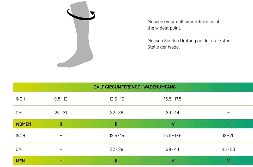 CEP - Nighttech Calf Sleeve 2.0 reflective women leg gums socks for exact calf compression made by medi size.LV women black / green - Größentabelle
