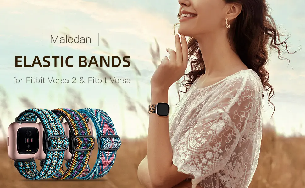 Maledan 3 Pack Elastic Band Compatible with Fitbit Versa/Fitbit Versa Lite/Fitbit Versa 2 Bands for Women Men, Adjustable Stretchy Nylon Solo Loop Strap Wristbands, Boho Green/Green Arrow/Colorful - Maledan Adjustable Elastic Watch Band Compatible for Fitbit Versa Smart Watch