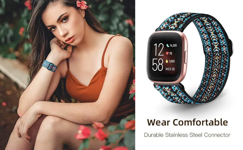 Maledan 3 Pack Elastic Band Compatible with Fitbit Versa/Fitbit Versa Lite/Fitbit Versa 2 Bands for Women Men, Adjustable Stretchy Nylon Solo Loop Strap Wristbands, Boho Green/Green Arrow/Colorful - Maledan Adjustable Elastic Watch Bands Compatible with Fitbit Versa 2 Smart Watch