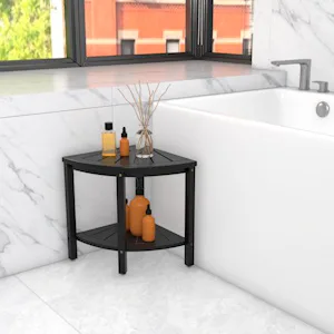 Bamboo Corner Shower Stool Bench Waterproof - with Storage Shelf for Shaving Legs or Seat in Bathroom & Inside Shower Black - corner shower seats and benches waterproof, corner shower stool for inside shower, corner stool