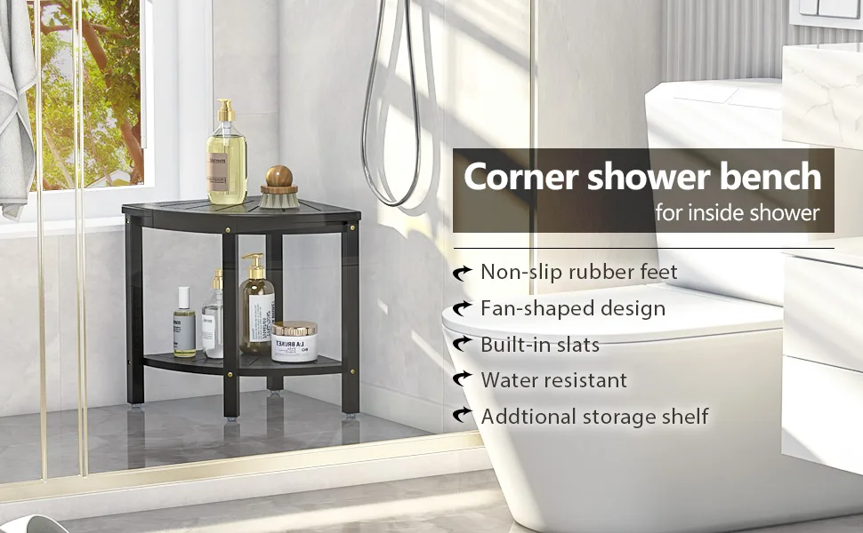 Bamboo Corner Shower Stool Bench Waterproof - with Storage Shelf for Shaving Legs or Seat in Bathroom & Inside Shower Black - shower bench for inside shower shower stools for small spaces