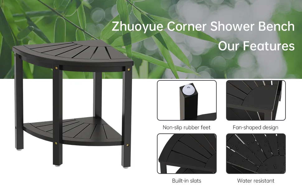Bamboo Corner Shower Stool Bench Waterproof - with Storage Shelf for Shaving Legs or Seat in Bathroom & Inside Shower Black - shower bench wood, shower chairs for adults, wood shower stool, waterproof shower bench shower stool