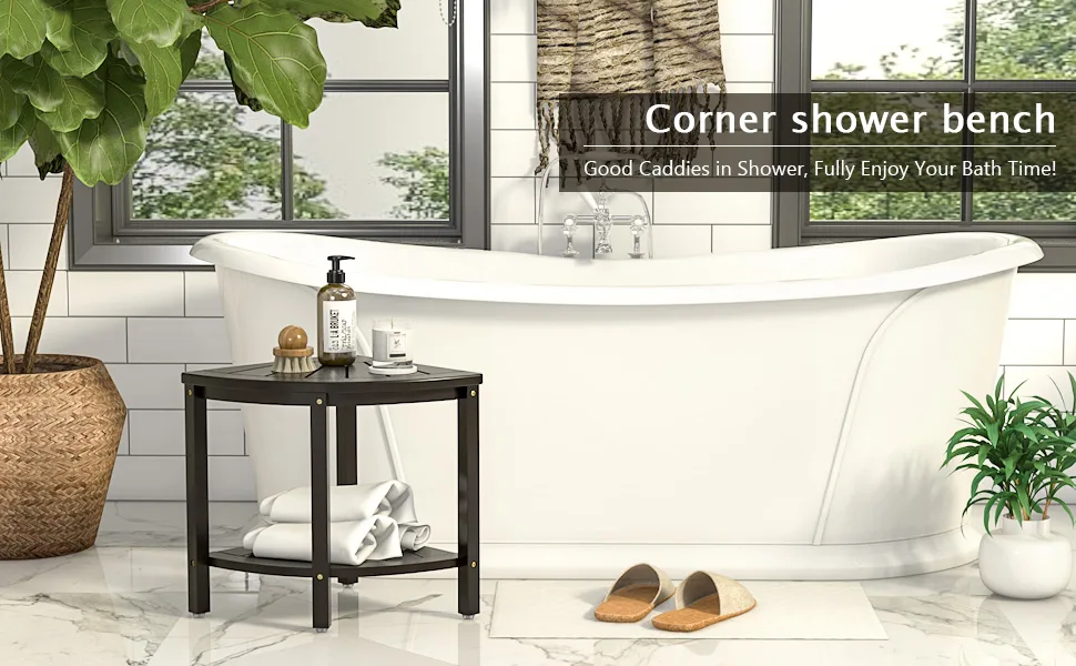 Bamboo Corner Shower Stool Bench Waterproof - with Storage Shelf for Shaving Legs or Seat in Bathroom & Inside Shower Black - shower chair shower stool shower bench shower seat teak shower bench