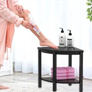 Bamboo Corner Shower Stool Bench Waterproof - with Storage Shelf for Shaving Legs or Seat in Bathroom & Inside Shower Black - shower stool, shower bench, stool for shower to shave legs, corner shower stool for shaving legs
