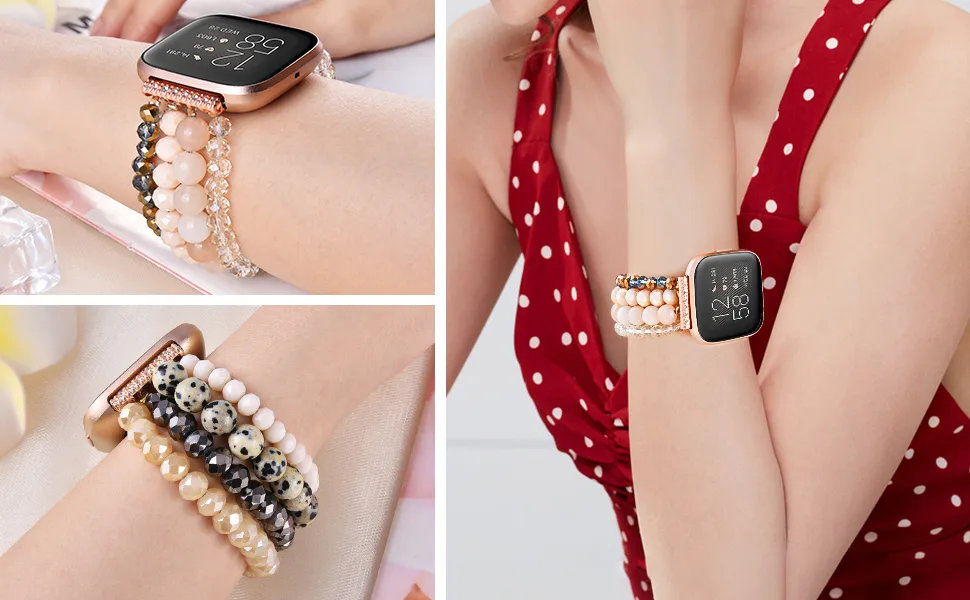 CAGOS Compatible with Fitbit Versa 2 Bands for Women, CAGOS Handmade Beaded Bracelet Straps Replacement Wristband for Fitbit Versa/Versa Lite Watch (Pink/Copper) - fitbit versa 2 band