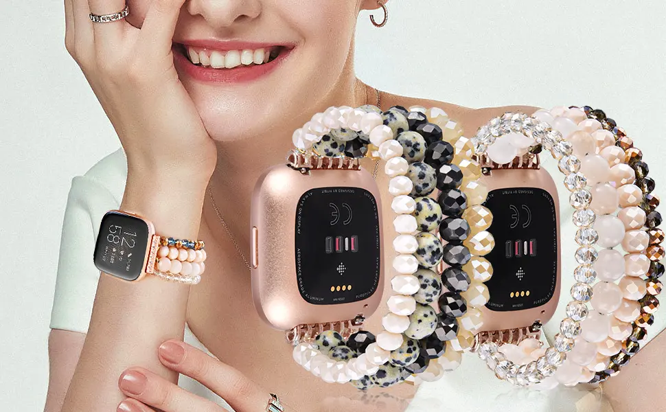 CAGOS Compatible with Fitbit Versa 2 Bands for Women, CAGOS Handmade Beaded Bracelet Straps Replacement Wristband for Fitbit Versa/Versa Lite Watch (Pink/Copper) - fitbit versa 2 bands for women