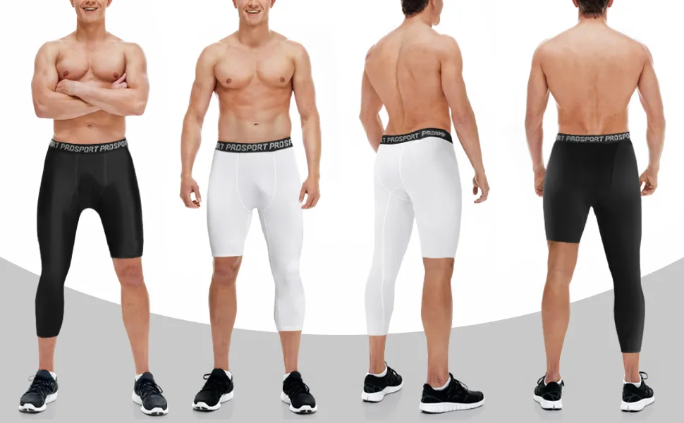 Wisremt men compression pants 3/4 one -leg tights athletic base layer leggings to run yoga basketball 2 Pack l black+white#left - product information 3