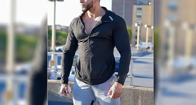 BROKIG Lightweight Hoodie Men Quick-drying Running Jacket Breathable Hoodie Training Jacket with Zipper L Black - product information 4