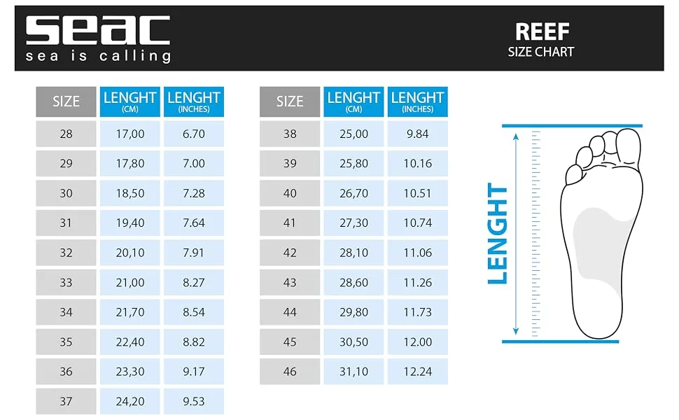 Seac Reef quick-drying bathing shoes for adults and children for the pool and beach 39 EU Grey - size chart