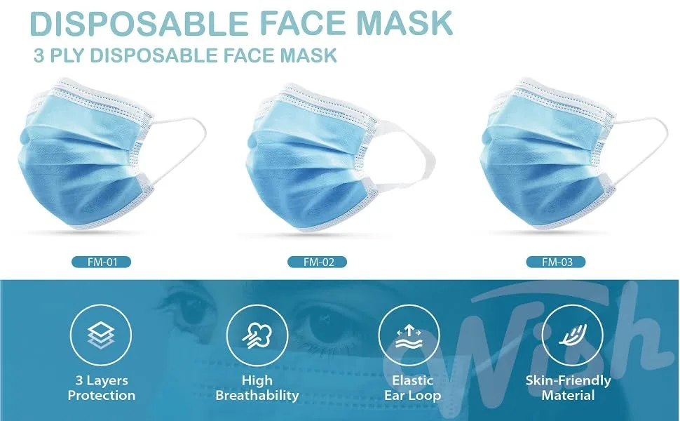 Wish Disposable Face Masks , Pack of 50, Wide Ear loop For Extra Comfort, 3 Ply, Ships from USA - mask