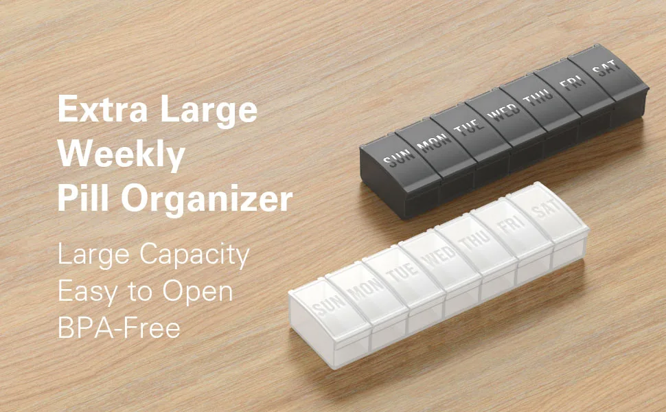 Large Pill Organizer Weekly, Barhon Daily Vitamin Case Box Large Capacity Compartments, 7 Day Pill Containers for Medicine Supplements Fish Oil Black - Extra Large Weekly Pill Box